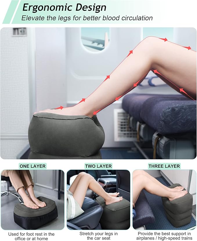 Inflatable Travel Foot Rest Pillow, Kids Airplane Bed, Adjustable 3 Layers Height Leg Rest Pillow, Adults Travel Essentials Great for Airplane, Office, Home, Trains, Cars (Dark Grey)
