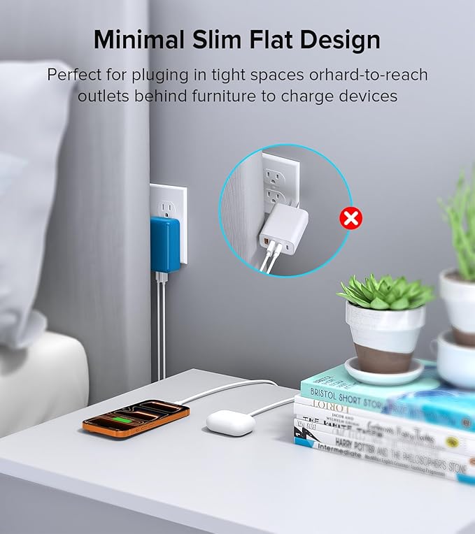 2Pack Flat USB C Charger Block, 40W 4-Port Fast Charger 20W Type C Charging Block 3.1A USB Wall Charger Dual Port PD+QC Charging Cube for iPhone 16 15 14 13 12 Pro Max XS, iPad,Samsung,（Light Blue ）