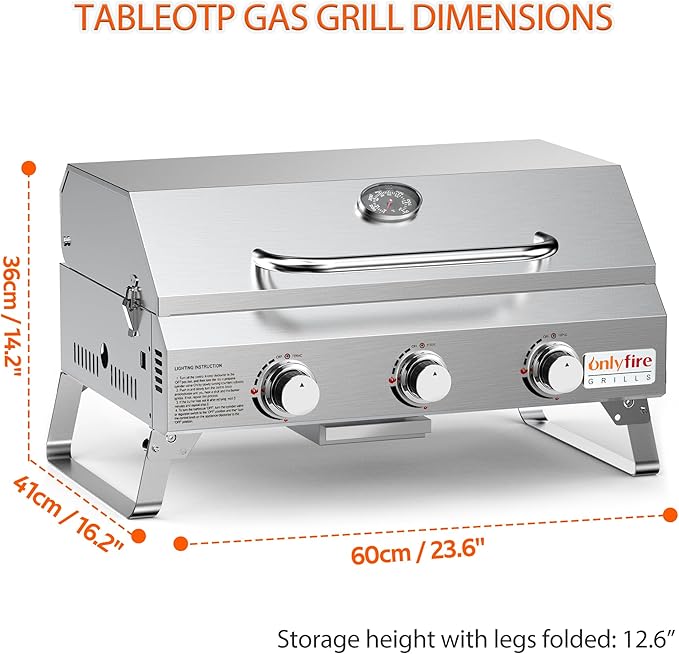 Tabletop Gas Grill 3 Burners, Portable Propane BBQ Grill with Foldable Legs for Outdoor Barbecue Patio Backyard Camping, Tailgating, RV Trip, Heavy Duty & 24000BTU, GS307