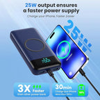 Wireless Portable Charger 40800mAh with 3 Built-in Cables,7-in-1 15W Wireless Charging Power Bank,25W PD QC 4.0 Fast Charging USB C LCD Display Battery Pack for iPhone 16/15/13,Samsung,Android-Blue