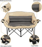 2 Person Fully Padded Camping Chair Oversized Loveseat Camping Chair Double Camping Chairs for Adults Heavy Duty Outdoor Camping Couch, Padded Seats & Armrests, 600Lbs, Beige