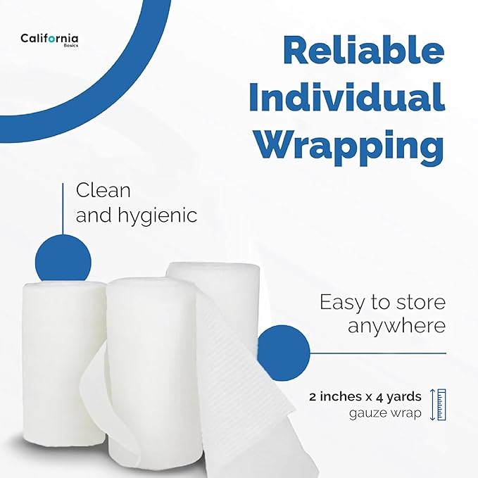 California Basics 48-Pack Gauze Bandage Roll with Tape, 2 Inches x 4 Yards - Soft, Stretchable & Breathable Wrap for Wound Care, First Aid & Medical Supplies - White