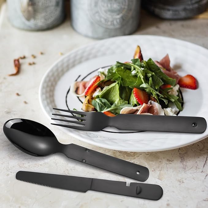 Portable Silverware Black Flatware Camping Cutlery Stainless Steel Spoon Fork Knife and Bottle Opener 4 Pieces Utensil Outdoor Travel Foldable Easy to Clean