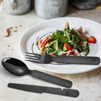Portable Silverware Black Flatware Camping Cutlery Stainless Steel Spoon Fork Knife and Bottle Opener 4 Pieces Utensil Outdoor Travel Foldable Easy to Clean