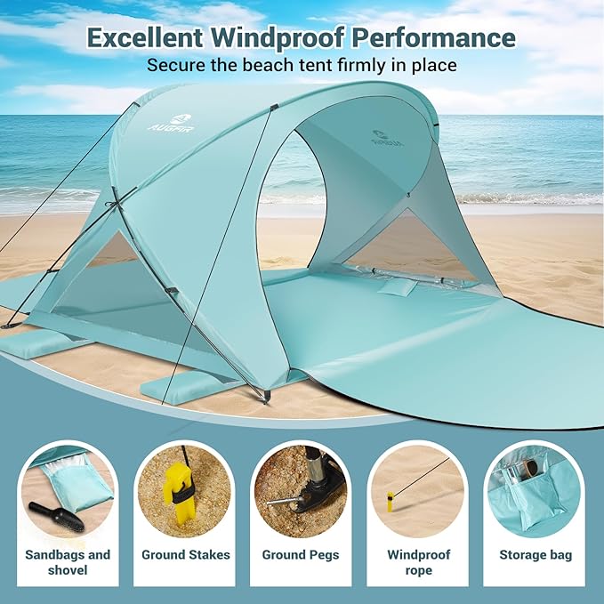 Beach Tent Sun Shelter, Beach Tent with Beach Mat Set, 4 Person Portable Beach Shade Canopy with UPF 50＋ UV Protection, Dual-Door Ventilation Design, Easy Setup Family Beach Umbrella (Green)