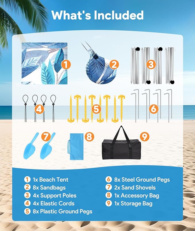 Beach Tent Sun Shelter, 10 x 10 FT Beach Canopy Tent Sun Shade, UPF50+ Tents Canopy with 8 Sandbags & 4 Stability Poles, Outdoor Tents for Camping Fishing, Leaf