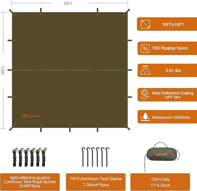 GOLDCAMP Waterproof Camping Tarp，70D Nylon 10X10FT Hammock Rain Fly ，UV 50+ and PU15000mm Tent Tarp Shelter Canopy，Heavy Duty Multifunctional Sun Shade or Rain Fly Essentials for Hiking Backpacking