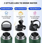 SENDESTAR 40oz Water Bottle Wide Mouth Stainless Steel Vacuum Insulated Double Wall with 2 Straw Lids Fit in Any Car Cup Holder TXIN-40-Dark Green