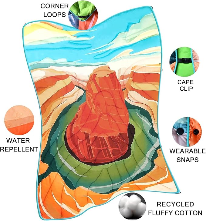 Camping Blanket, Puffy Waterproof Travel Blanket, Warm Cozy Picnic Blanket, for Outdoors, Travel, and Mountain.(Grand Canyon, 78" x 56")