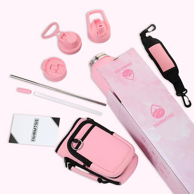 32 Oz Insulated Water Bottle with Strap Stainless Steel Sports Water Bottle with 3 Lids (Straw, Chug & Flip Lid) 1 Liter Leak Proof Insulated Metal Jug for Men & Women - Pink (Solid)