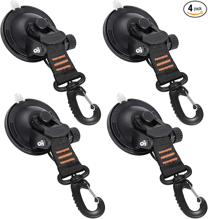 CONBOLA Suction Cups Hooks 4 Pieces Outdoor Car Camping Essentials Heavy Duty Upgraded Tie Down Suction Cup,Camper Accessories Strong Power for RV Boat Window Glass Camping Trap.(4 pcs,Orange)
