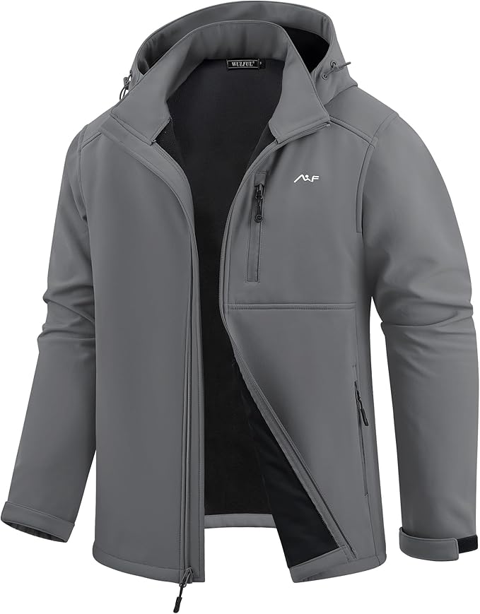 WULFUL Men's Softshell Jacket Waterproof Lightweight Insulated Windbreaker Fleece Lined Rain Shell Jacket for Hiking Travel
