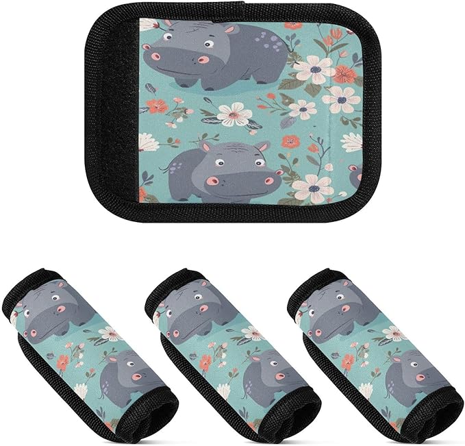 Qilmy Cute Hippo Baby Luggage Handle Wrap 4Pack Luggage Identifiers Tag Comfort Handle Grips Cover for Stroller Suitcase Bag Airplane Travel Accessories1260