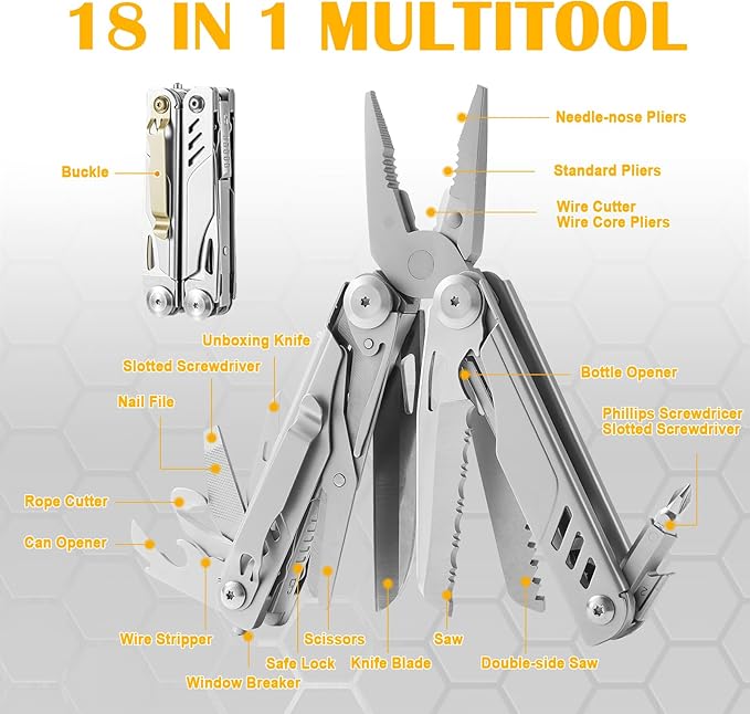 18-in-1 Multitool Pliers, Needle Nose Pliers with Pocket Clip, Pocket Knife set with Nylon Sheath, Wire Stripper, Scissors, Saw, Stainless Steel, Survival Gear for Camping, Hiking, Outdoor