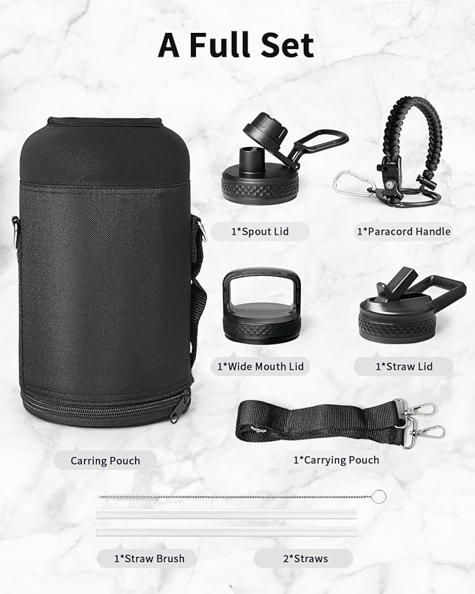 Trebo 64oz Water Bottle Insulated,Large Stainless Steel Water Jug with 3 Lids, Triple Wall Vacuum Sports Thermo bottle Keep Hot 24 Hours & Cold 48 Hours,Wide Mouth Flask,Black