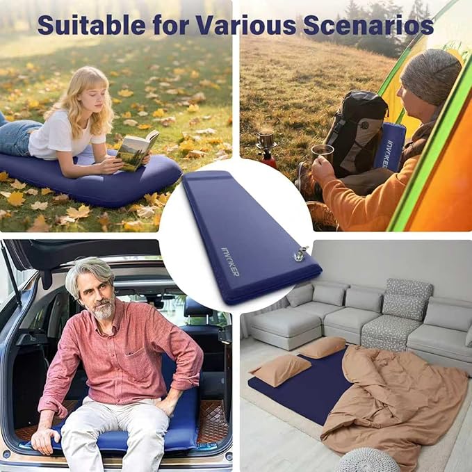 INVOKER 3.15" Camping Sleeping pad, Ultra-Thick Elasticity Foam Fast Self-Inflating 4-Season Insulated Durable Camping Mat Air Mattress with Pillow, for Tent, Car, Camping, Traveling, Blue