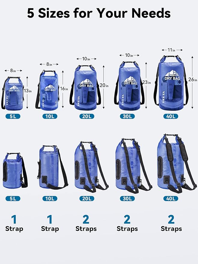 HEETA Dry Bag Waterproof for Women Men, 5L/10L/20L/30L/40L Roll Top Lightweight Dry Storage Bag Backpack with Phone Case for Travel Swimming Boating Kayaking Paddle Board Camping Beach Accessories