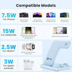 WAITIEE Wireless Charger 3 in 1 Charging Station for for iPhone 16 15 14 13 12 11 X 8 & for Apple Watch, for AirPods 1/2/3/Pro/Pro 2 with Lightning Charging Case(Blue)