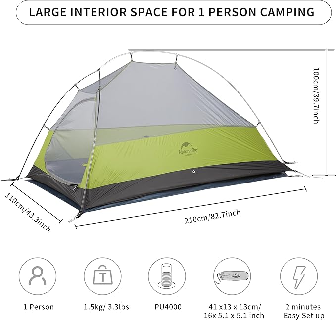 Naturehike Cloud-Up 1 Person Tent, Lightweight Backpacking Tents for One Man, Waterproof Ultralight One Person Tent for Camping Hiking Backpacking