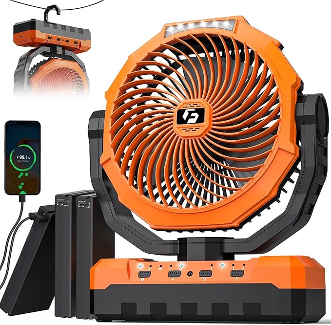 36000mAh Camping Fan - Detachable Rechargeable Battery Operated Fan with Light & Hook for Tent, Outdoor - USB Table Fan with 4 Speeds for Picnic, BBQ, Fishing, Travel, Hurricane