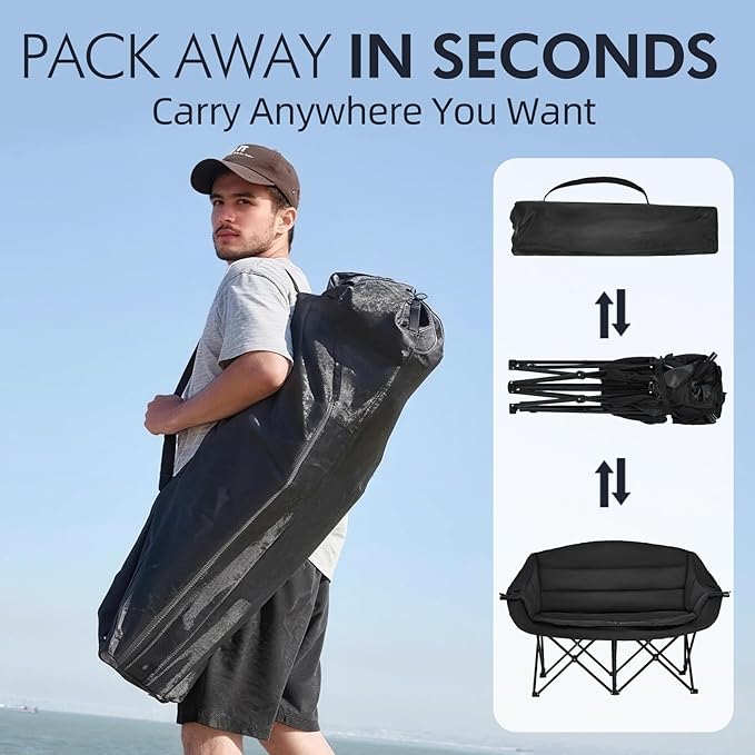 Double Camping Chair Loveseat - 2 Person Oversized Camping Couch for Adults Padded Heavy Duty Outdoor Lawn Beach Portable Folding XL Chairs with Cup Holders and Carry Bag Support 600lbs, Black/Grey