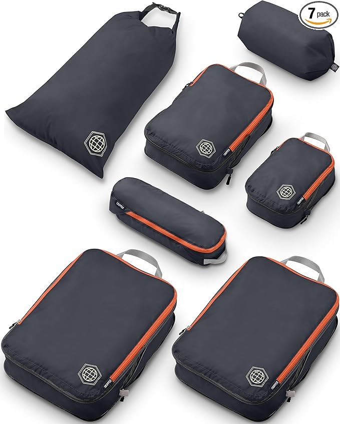 Large Compression Packing Cubes for Travel-Packing Cube Luggage Organizers 7 Piece Set for Checked Luggage-Ultralight, Expandable/Compression Bags by TRIPPED Travel Gear (Grey/Orange)