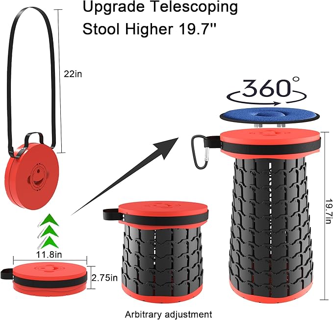 ALEVMOOM Higher 19.7" D 11.8" XXL Collapsible Stool with Cushion, Portable Telescoping More Sturdy Load Capacity 1000Lbs,Retractable Adjustable Camping Folding Stool for Outdoor Hiking BBQ
