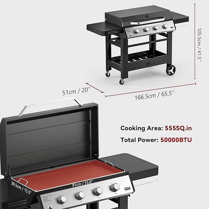 Propane Gas Griddle 4-Burner, Outdoor Gas Stove with 555 sq.in Cooking Area, Foldable Side Tables, Towel Rack, Flat Top Grill Griddle for Patio Barbecue, Backyard, BBQ Party, GS352
