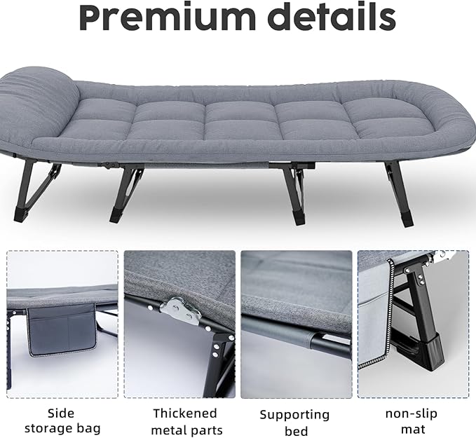 Oxford and Steel Frame 6-Angle Adjustable Foldable Bed Folding Camping Cot Bed with Extra Wide Padded Mattress Support for Adults Outdoor Travel Tent Use(Gray, Extra Large - 80 * 28")