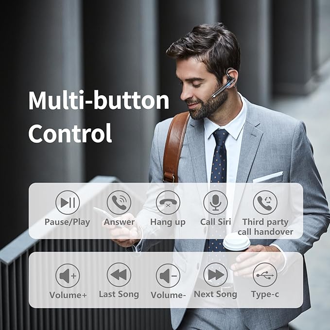 Bluetooth Headset, 100Hrs Talk Time Dual Noise Cancellation Wireless Earpiece, V5.4 Built-in Mic & Mute Button 270° Rotatable Hands Free Headphones with 500mAh Charging Case for Business/Driving