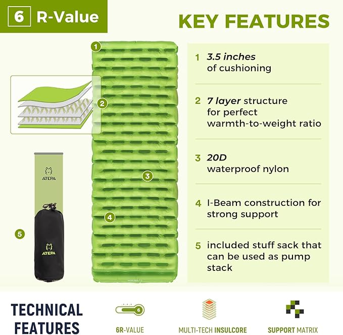 ATEPA ThermAir Backpacking Sleeping Pad, 6 R-Value Insulated Ultralight Inflatable Sleeping Pad Folding Camping Mattress with 7 Layers & Storage Bag for Camping Backpacking, Wide Long Size (72"x25")