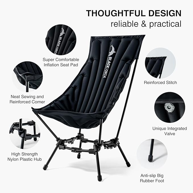High Back Camping Chairs Inflatable Portable Camping Chair Lightweight Compact Folding Chairs with Carry Bag for Outdoor Backpacking Hiking Beach Lawn Fishing (Black)