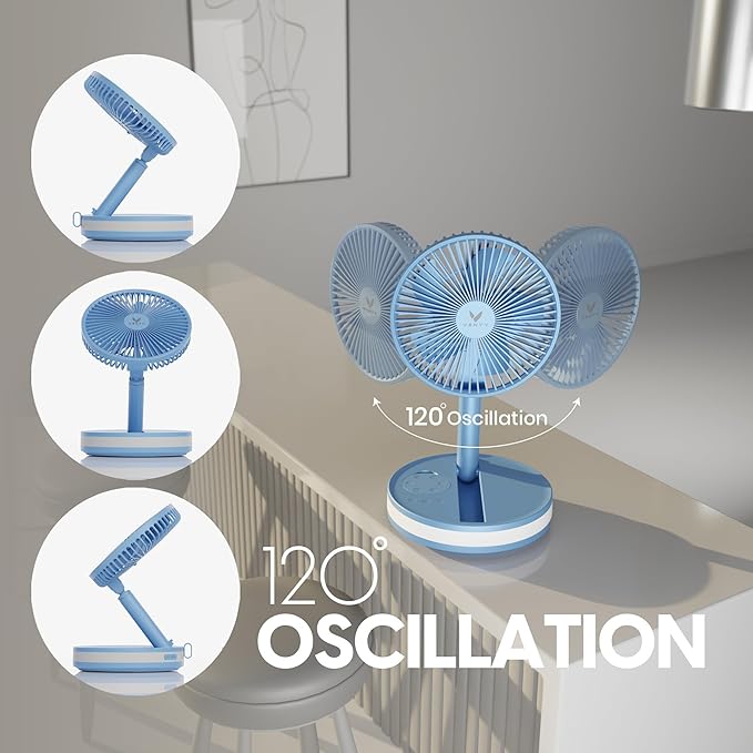 VENTY Portable Fan - Wireless Battery Operated Fan - 4 Speeds - LED Lighting - Carry Case & Remote Control - Cruise Travel - Outdoor Travel RV Power Bank With USB-C Port (Blue with Case)