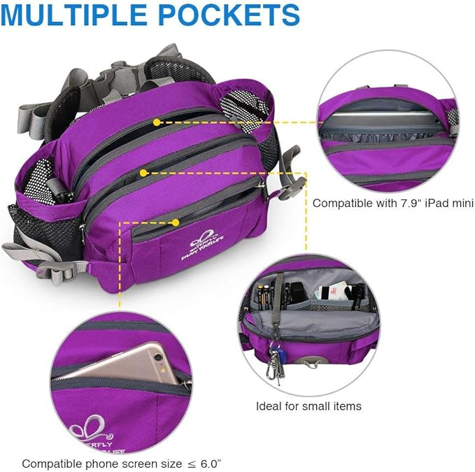 WATERFLY Fanny Pack Waist Bag: Fannie Pack 2 Water Bottle Holders Lumbar Belt Hiking Walking Running Jogging Camping Large Woman Man (Bottle Not Included)