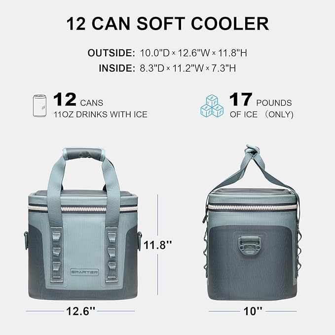 Portable Soft Cooler 12 Cans, IP68 Tizip Leak-Proof Zipper for Camping, Fishing, Beach, Outdoors Insulated Ice Chest with Reusable Ice Pack