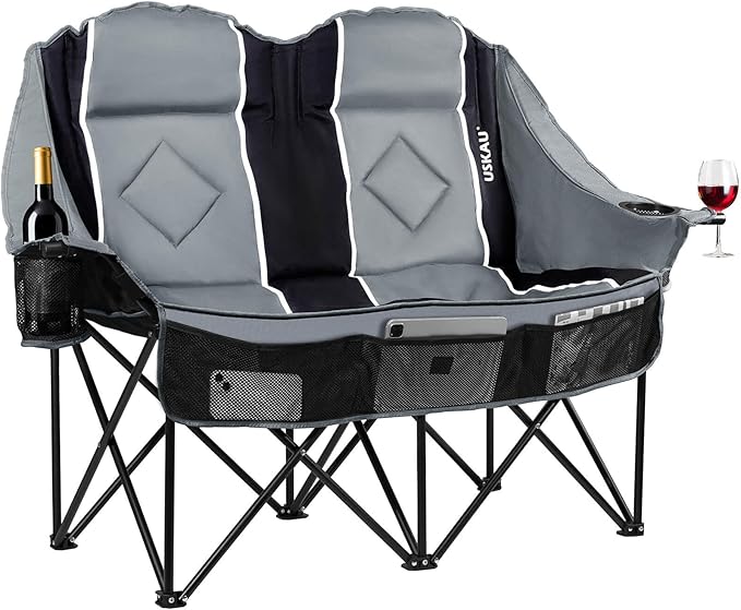 Double Camping Chair for Adults Oversized 2 Person Loveseat Chair for Heavy People, Folding Padded Outdoor Seat with Cup Holders & Carry Bag, 660 lbs Capacity, for Camping, Sports, Backyard