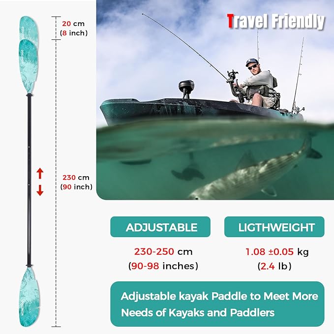 Angler Kayak Paddles Carbon Fiber Shaft and Plastic Blade, Floating Adjustable Fihsing Kayak Oars with Paddle Leash, 230-250cm/90-98 inch