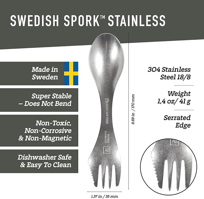 Light My Fire Sporks Stainless Steel (18/8) Camping Spork, Unbreakable Fork Spoon Knife Set - Sporks Reusable Camping Utensils, Durable & Lightweight Metal Spork, Outdoor Hiking Survival Gear