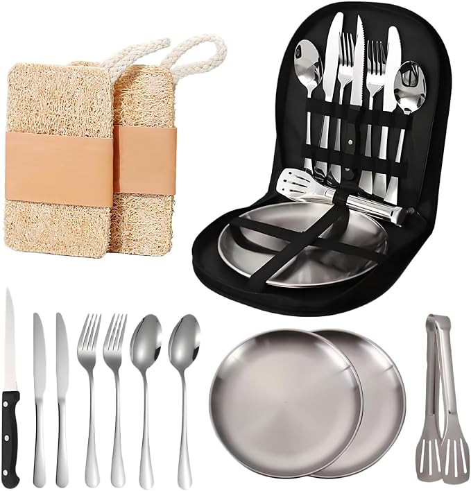 Camping Cutlery Set, 12-Piece Stainless Steel with Plates and Case, Portable Outdoor Dining Kit, Silver