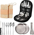 Camping Cutlery Set, 12-Piece Stainless Steel with Plates and Case, Portable Outdoor Dining Kit, Silver