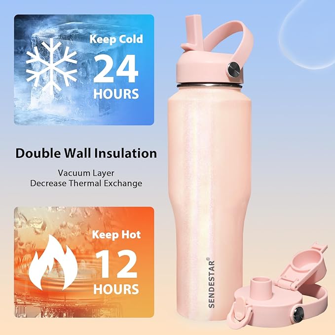 SENDESTAR 32oz Stainless Steel Water Bottle(Cold for 48 Hrs, Hot for 24 Hrs),Double Wall Vacuum Insulated Bottle with Straw Lid, Spout Lid and Flex Cap, Fit in Any Car Cup Holder TXIN-32-Laser Grey