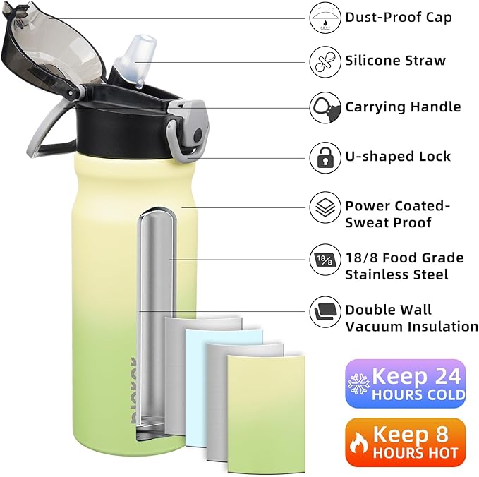 BJPKPK Insulated Water Bottle 18oz Stainless Steel Water Bottles With Straw And Carry Handle Double Wall Metal Thermo,Lime