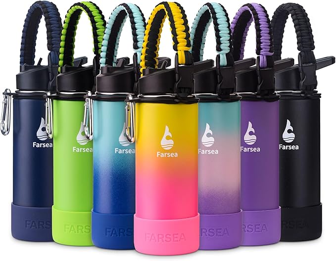 Farsea Insulated Water Bottle With Paracord Handle, Protective Boot and 2 Lids (Straw Lid & Spout Lid), Stainless Steel Water Bottle Wide Mouth, Double Wall Sweat-Proof BPA-Free, 18 oz