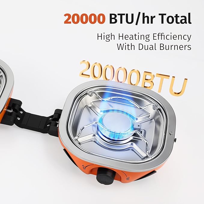 Propane Camping Stove 20,000 BTU - Portable 2 Burner Gas Stove with Adjustable Flame Control, Piezo Ignition, Carry Bag & Propane Adapter Hose, Folding Design for Camp, BBQ, Tailgating, Orange