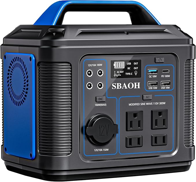 Portable Power Station, 300W 296Wh Generator Quick Charge / 110V AC Outlets/DC Ports and LED Flashlight, Backup for Home Outdoor Travel Camping Blackout blue