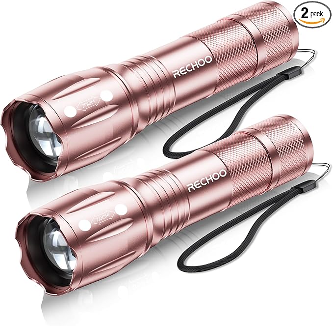 RECHOO LED Flashlight 2 Pack Pink, Tactical Flashlights High Lumens with 3 Modes, Pocket Small Flash Light, Waterproof Zoomable Flashlights for Home Emergency, Camping Essentials (Battery Included)