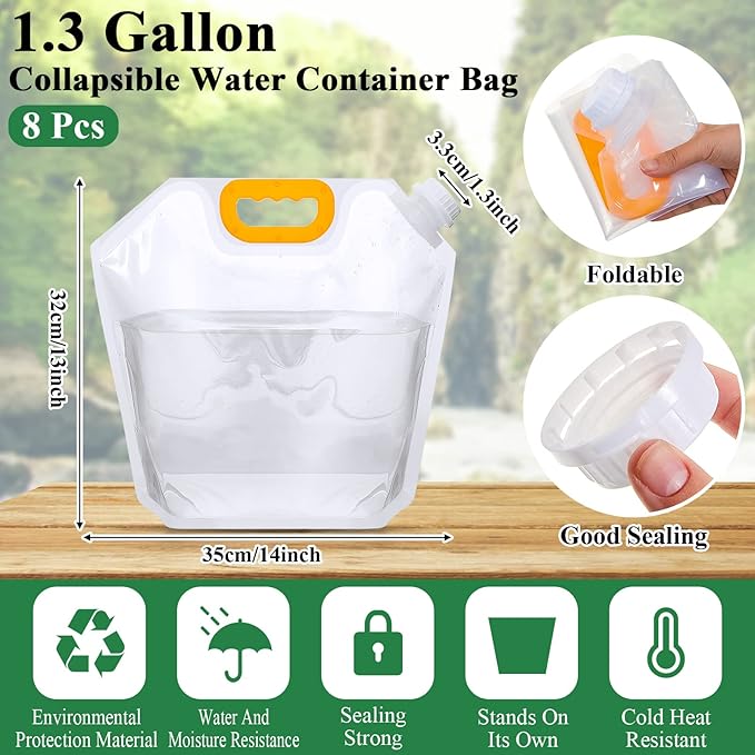 Tessco 8 Pcs 1.3 Gallon Collapsible Water Storage Bags, Clear Plastic, 1.0 Pounds