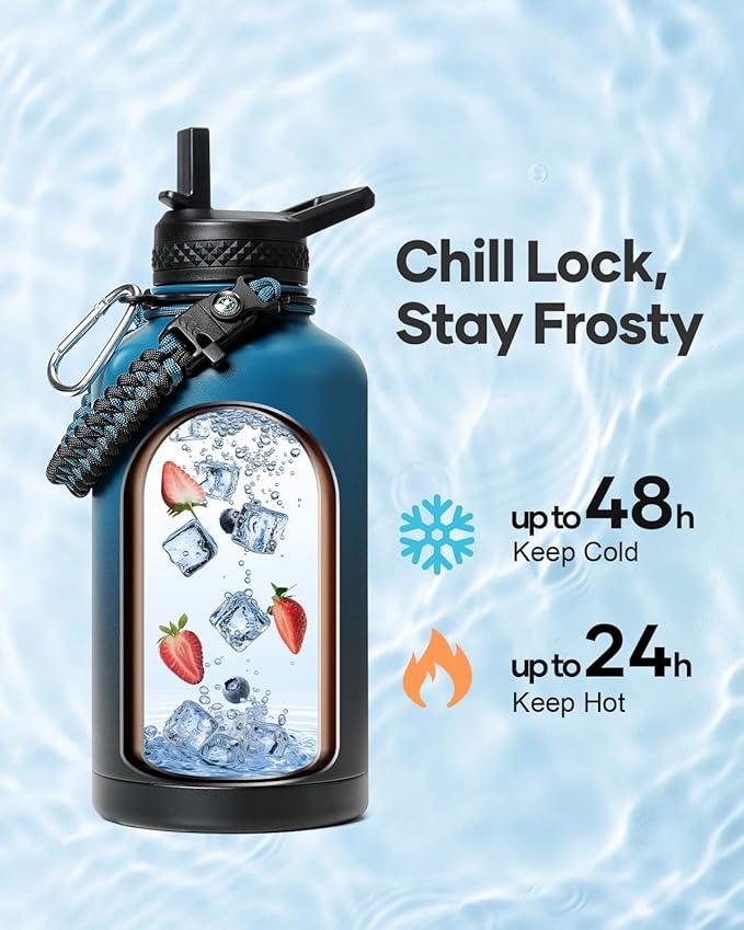 64 oz Insulated Water Bottle,Half Gallon Water Flask Stainless Steel Vacuum, Cold for 48 Hrs,BPA-Free & Leakproof -with Paracord Handle, Strap,Straw Spout Lids,Large Jug for Gym,Indigo Black