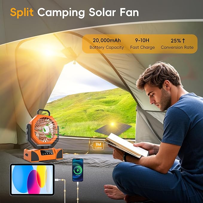 20000mAh Solar Camping Fan, Portable Rechargeable Battery & Solar Powered Fan with 7W Solar Panel, Remote Control, Auto Oscillating, LED Display, Light, Timer for Outdoor Camp, Beach, Travel Tent