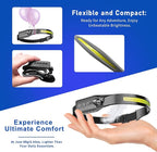 Rechargeable LED Headlamp (Gray), 400 Lumens, 230° Wide Beam, USB-C, IPX4, 5 Modes — Lightweight, Adjustable Headband; Hard Hat Clips for Camping, Hiking, Running & Repairs